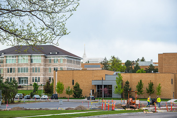 Construction goes on around campus in the morning.