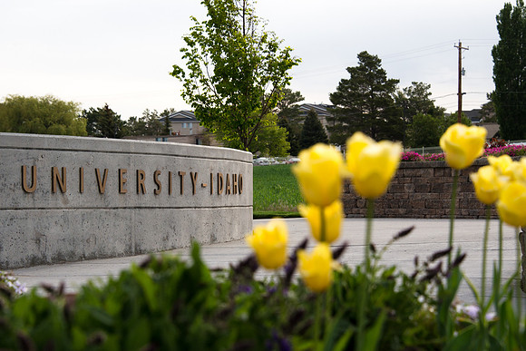 BYU-Idaho Sign with spring flowers