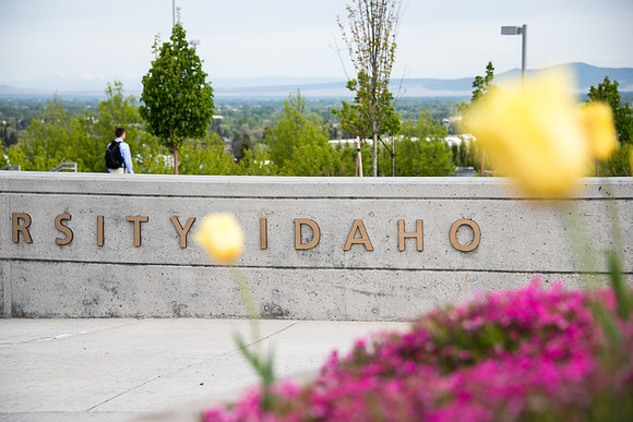 BYU-Idaho Sign with spring flowers