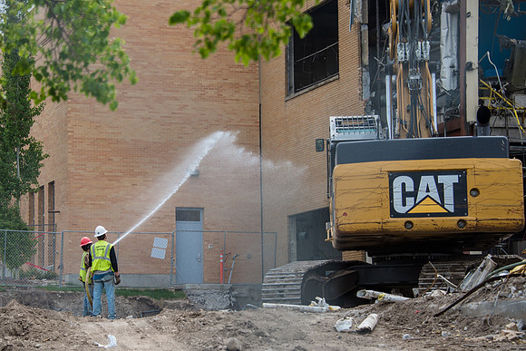 Construction goes on around campus in the morning.