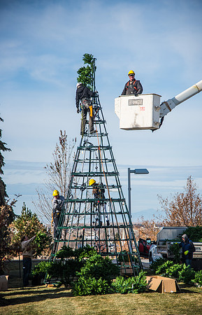 The BYU-Idaho ground keeping crew set up a christmas tree in front of the Taylor chapel. Fall Semester.