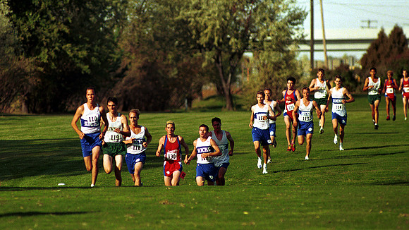 Men's cross country runners compete at the Madison County golf course.