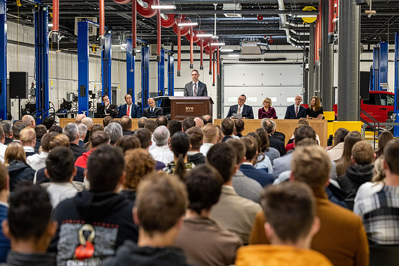 Dedication of the Engineering Technology Center, the Visual Arts Center and the University Village Community Center originated from the automotive shop in the ETC.