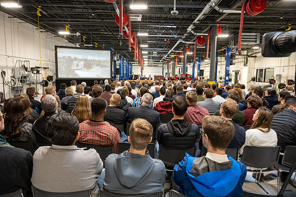 Dedication of the Engineering Technology Center, the Visual Arts Center and the University Village Community Center originated from the automotive shop in the ETC.