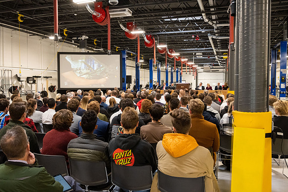 Dedication of the Engineering Technology Center, the Visual Arts Center and the University Village Community Center originated from the automotive shop in the ETC.