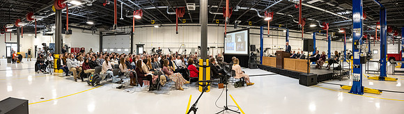 Dedication of the Engineering Technology Center, the Visual Arts Center and the University Village Community Center originated from the automotive shop in the ETC.