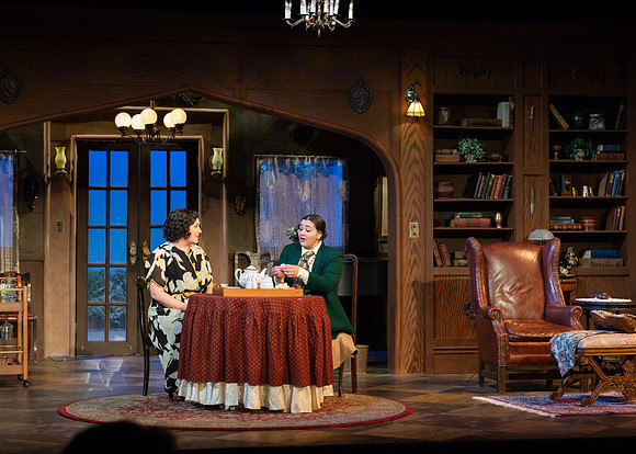 Drama dress rehearsal for the Blithe Spirit play in the Snow theater.