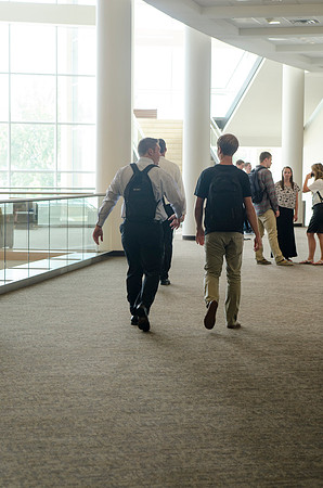 Students walking out on campus after devotional