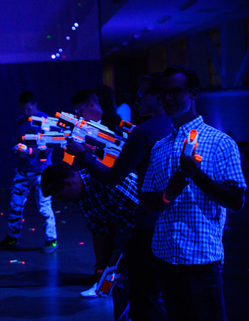 First Friday is a campus wide party to celebrate the start of the new school year. Activities include escape rooms, dancing, games, inflatables, food, comedy performances, blacklight dodgeball, nerf