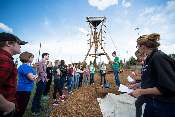 Sister Grant, Communication Teacher, takes her Comm 150 class to the ropes course to teach leadership, team work, and overcoming fears.