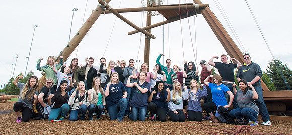 Sister Grant, Communication Teacher, takes her Comm 150 class to the ropes course to teach leadership, team work, and overcoming fears.