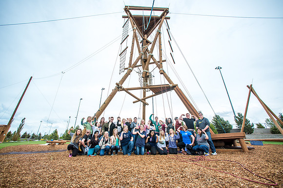 Sister Grant, Communication Teacher, takes her Comm 150 class to the ropes course to teach leadership, team work, and overcoming fears.