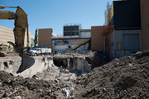 Demolition in progress of the old part of the Heating Plant.