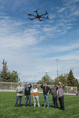 Engineering students test out the hexcopter they made.
