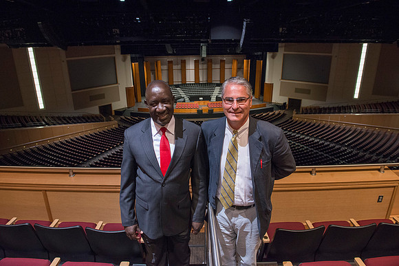 The Ugandan Minister of State for Relief, Disaster Preparedness and Refugees, enjoys a tour of BYU-Idaho, accompainie by David Pigott and Brett Sampson. His son is a student here at the University.