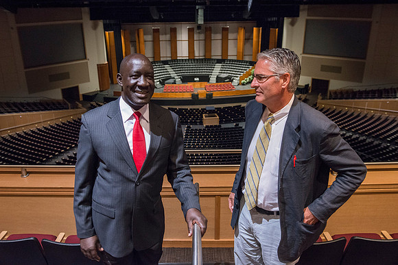 The Ugandan Minister of State for Relief, Disaster Preparedness and Refugees, enjoys a tour of BYU-Idaho, accompainie by David Pigott and Brett Sampson. His son is a student here at the University.