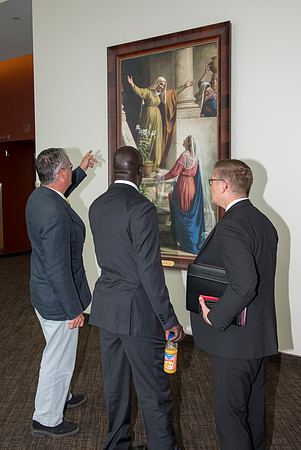 The Ugandan Minister of State for Relief, Disaster Preparedness and Refugees, enjoys a tour of BYU-Idaho, accompainie by David Pigott and Brett Sampson. His son is a student here at the University.