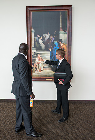 The Ugandan Minister of State for Relief, Disaster Preparedness and Refugees, enjoys a tour of BYU-Idaho, accompainie by David Pigott and Brett Sampson. His son is a student here at the University.