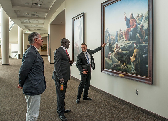 The Ugandan Minister of State for Relief, Disaster Preparedness and Refugees, enjoys a tour of BYU-Idaho, accompainie by David Pigott and Brett Sampson. His son is a student here at the University.