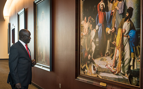 The Ugandan Minister of State for Relief, Disaster Preparedness and Refugees, enjoys a tour of BYU-Idaho, accompainie by David Pigott and Brett Sampson. His son is a student here at the University.