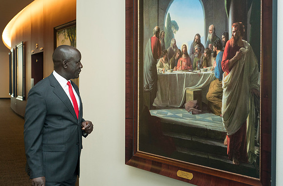 The Ugandan Minister of State for Relief, Disaster Preparedness and Refugees, enjoys a tour of BYU-Idaho, accompainie by David Pigott and Brett Sampson. His son is a student here at the University.