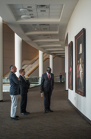 The Ugandan Minister of State for Relief, Disaster Preparedness and Refugees, enjoys a tour of BYU-Idaho, accompainie by David Pigott and Brett Sampson. His son is a student here at the University.