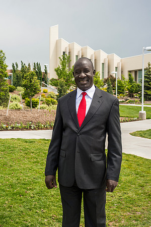 The Ugandan Minister of State for Relief, Disaster Preparedness and Refugees, enjoys a tour of BYU-Idaho, accompainie by David Pigott and Brett Sampson. His son is a student here at the University.