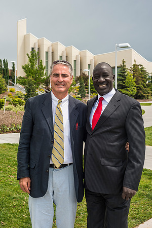 The Ugandan Minister of State for Relief, Disaster Preparedness and Refugees, enjoys a tour of BYU-Idaho, accompainie by David Pigott and Brett Sampson. His son is a student here at the University.