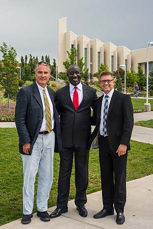 The Ugandan Minister of State for Relief, Disaster Preparedness and Refugees, enjoys a tour of BYU-Idaho, accompainie by David Pigott and Brett Sampson. His son is a student here at the University.