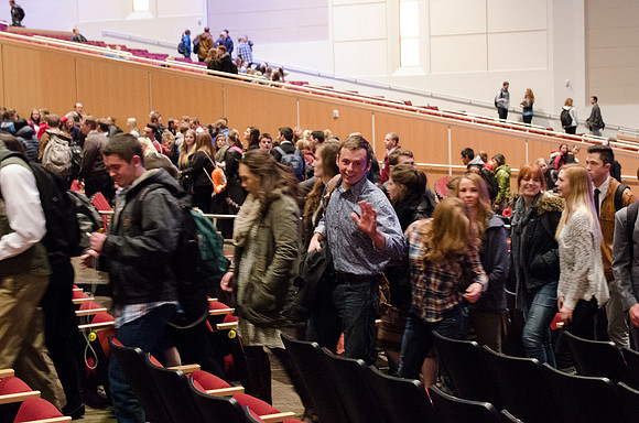 Students leaving after devotional.