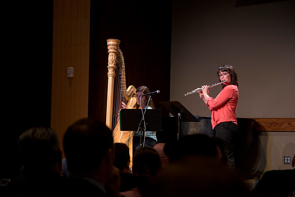 Serenade No. 10 Andante grazioso, Andadnte cantabile, Scerzando by Vincent Persichetti was performed by Alicia McQuay on harp, and Nadine Luke on flute.
