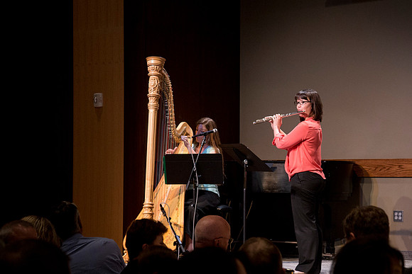 Serenade No. 10 Andante grazioso, Andadnte cantabile, Scerzando by Vincent Persichetti was performed by Alicia McQuay on harp, and Nadine Luke on flute.