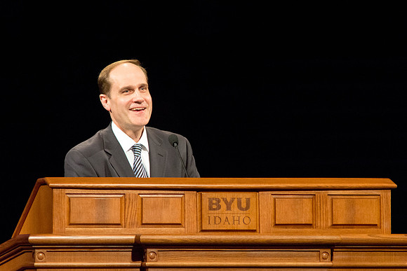 Kerry Huber, of the Animal & Food Science department, speaks at Brigham Young University-Idaho's devotional.
