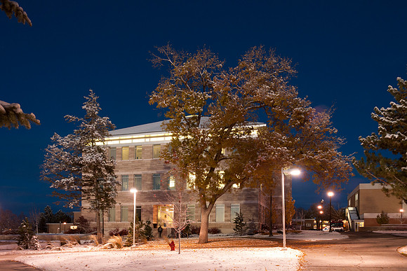 An autumn dusting of snow on the Jacob Spori Building. Capturing the sweet light. Campus at Night