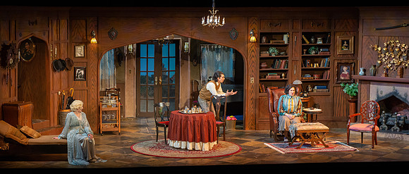 Drama dress rehearsal for the Blithe Spirit play in the Snow theater.