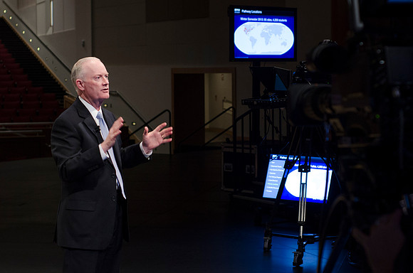 President Kim B. Clark holds a live webinar Q&amp;A on the stage of the I-center, discussing the Pathway program.