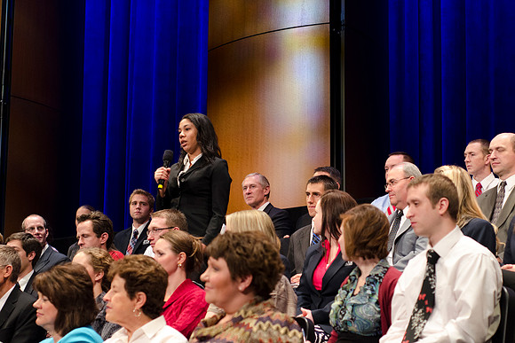 President Kim B. Clark holds a live webinar Q&amp;A on the stage of the I-center, discussing the Pathway program.