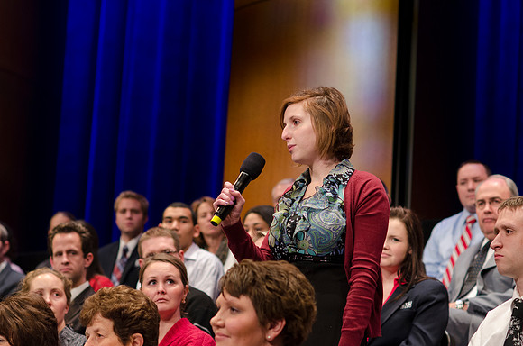 President Kim B. Clark holds a live webinar Q&amp;A on the stage of the I-center, discussing the Pathway program.