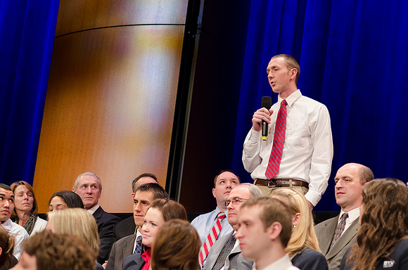 President Kim B. Clark holds a live webinar Q&amp;A on the stage of the I-center, discussing the Pathway program.