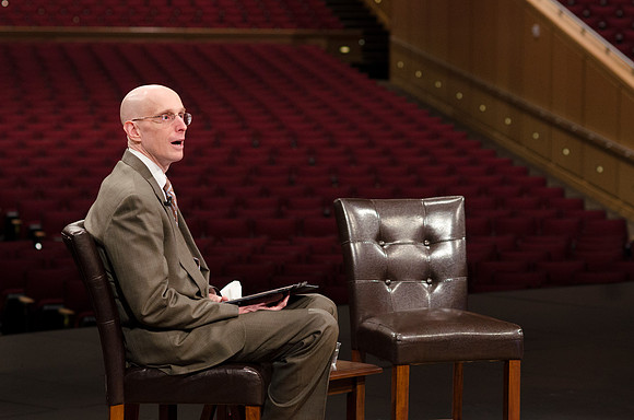 President Kim B. Clark holds a live webinar Q&amp;A on the stage of the I-center, discussing the Pathway program.