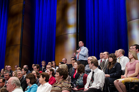 President Kim B. Clark holds a live webinar Q&amp;A on the stage of the I-center, discussing the Pathway program.