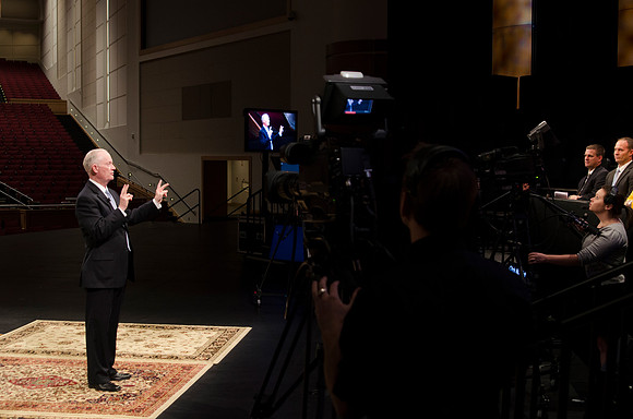 President Kim B. Clark holds a live webinar Q&amp;A on the stage of the I-center, discussing the Pathway program.
