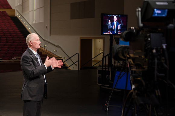 President Kim B. Clark holds a live webinar Q&amp;A on the stage of the I-center, discussing the Pathway program.