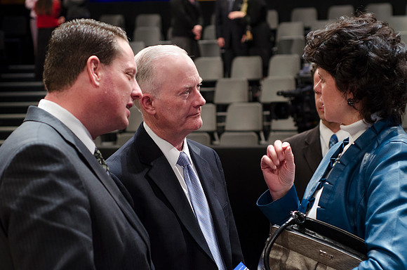 President Kim B. Clark holds a live webinar Q&amp;A on the stage of the I-center, discussing the Pathway program.