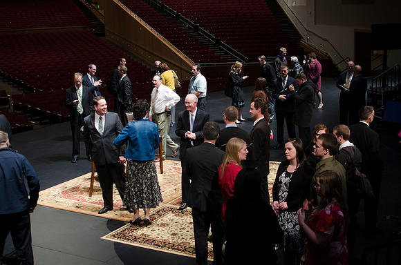 President Kim B. Clark holds a live webinar Q&amp;A on the stage of the I-center, discussing the Pathway program.