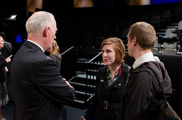 President Kim B. Clark holds a live webinar Q&amp;A on the stage of the I-center, discussing the Pathway program.