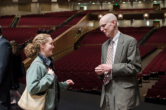 President Kim B. Clark holds a live webinar Q&amp;A on the stage of the I-center, discussing the Pathway program.