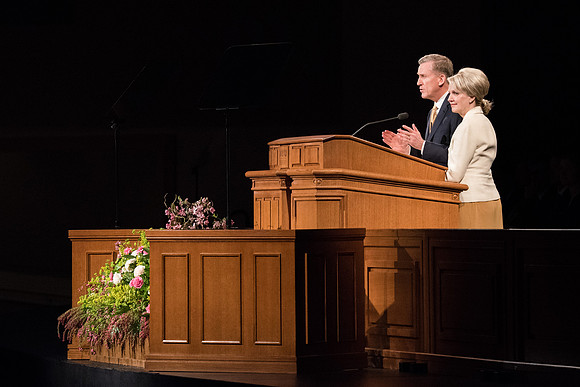 Kevin R Duncan, a general authority, and his wife, Nancy Duncan, spoke on the importance of family history work in the BYU-Idaho Center.