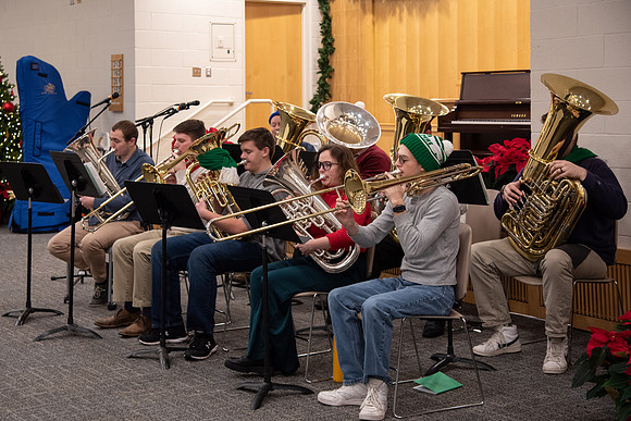 BYU-Idaho Employees enjoy a Christmas gathering in the Taylor Building.