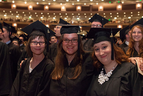 Students gather in the I-Center before Commencement begins.